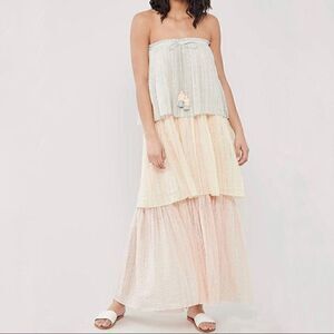 PQ Swim Golden Hour Briar Maxi Dress Swim Cover Strapless Block Tiers Pleated